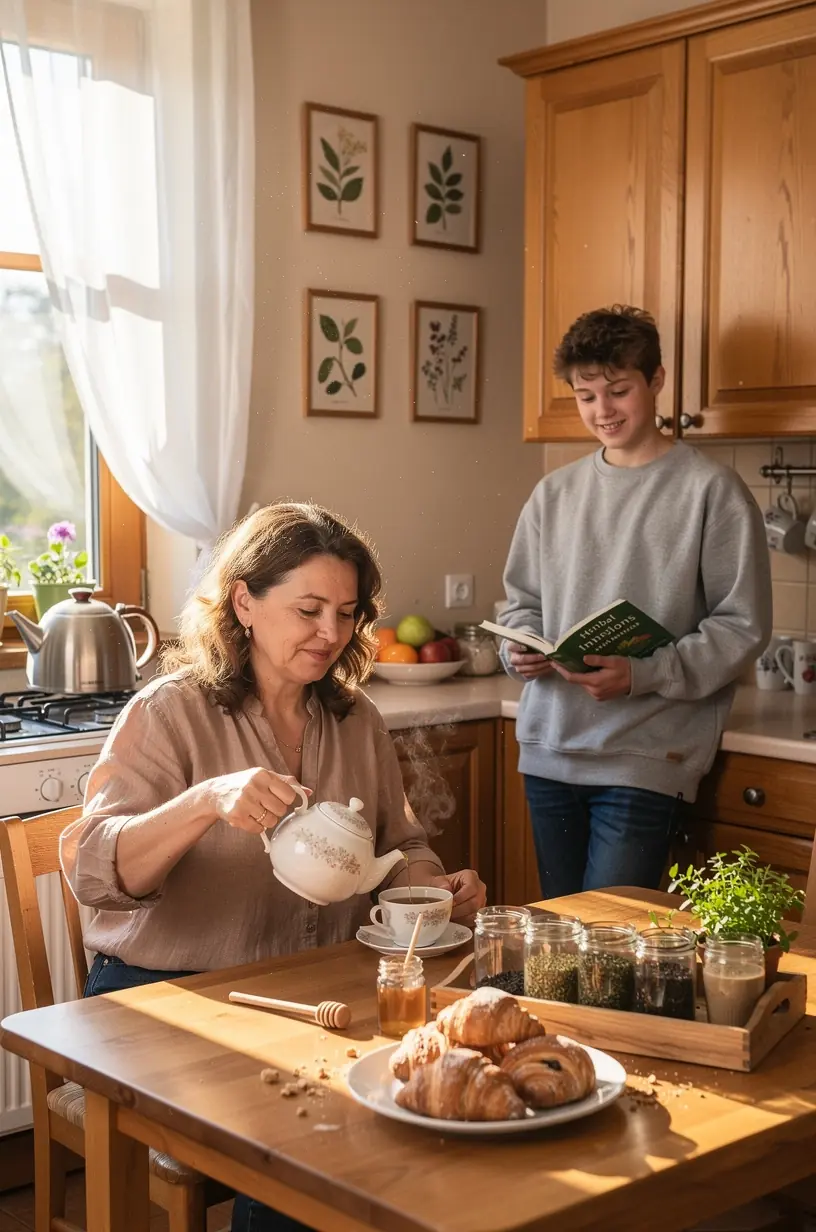 Atvira knyga ir puodelis arbatos šalia, perteikiantys ramybės ir susikaupimo atmosferą mokymuisi apie arbatos naudą.