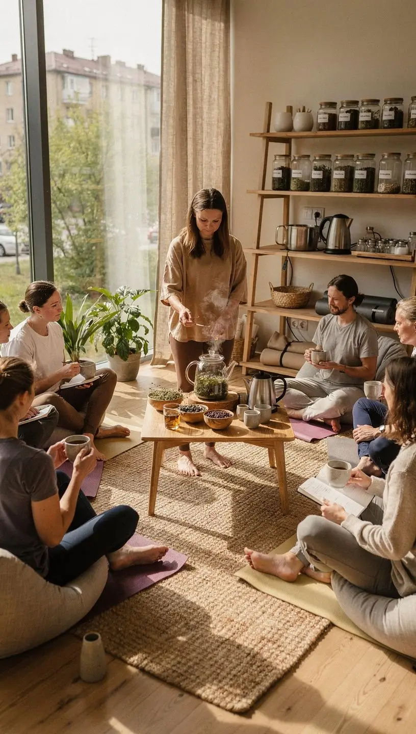 Šiltas arbatos puodelis ant palangės žiemos rytą, skatinantis komfortą ir hidratacijos svarbą šaltuoju metų laiku.