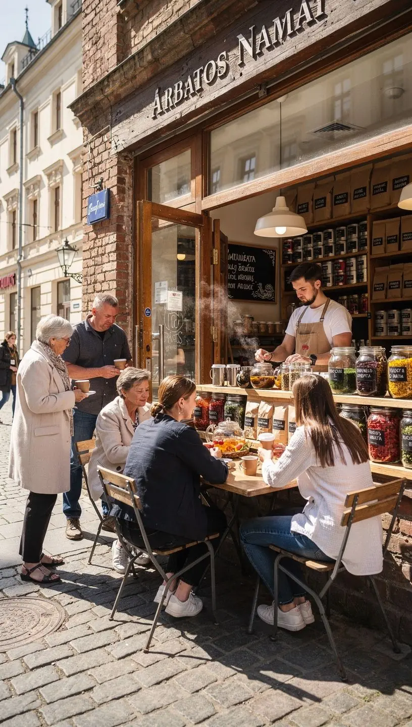Puodelis arbatos ant medinio stalo su garuojančiu šilumos efektu ir natūraliais ingredientais, simbolizuojantis kasdienio atgaivos ritualo naudą ir drėkinimo svarbą.